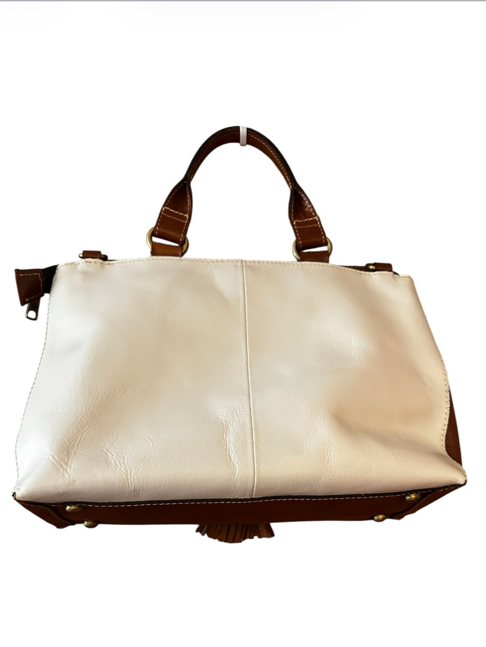 Patricia Nash Mollia Two-Tone Cream and Brown Leather Handbag with Tassel - Picture 2 of 4